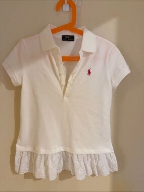 Polo by Ralph Lauren White Girls' Eyelet Hem Polo with Pink Pony
